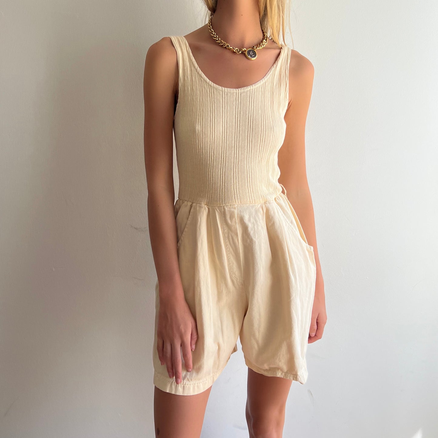 Cream Ribbed Playsuit (XS/S)